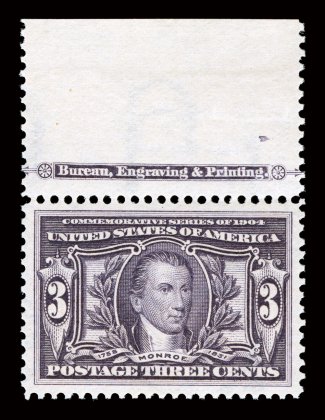 325, 3c Louisiana Purchase, an incomparable top sheet-margin imprint single, flawlessly centered amid extravagantly large margins that are simply unheard of on any of the
values from the Louisiana Purchase series, gloriously rich color and a spe