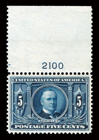 326, 5c Louisiana Purchase, striking top sheet-margin plate no. 2100 single, possessing incomparable physical qualities, including its mathematically perfect centering amid
lavishly large margins which are rarely encountered, eye-arresting color