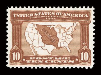 327, 10c Louisiana Purchase, the mint example offered here is the epitome of perfection, possessing mathematically precise centering amid uncharacteristically large margins,
sumptuously rich color and impression on crisp bright paper, unblemishe