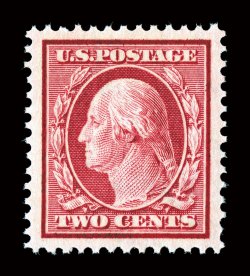 332, 2c Carmine, spectacularly centered, with huge perfectly balanced margins all around, deep fiery Carmine color and an incredibly detailed impression on brilliantly fresh
paper, pristine o.g., n.h., superb.An incomparable gem in the fines