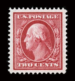 358, 2c Carmine on bluish paper, an eye-arresting jumbo-margined mint example, possessing truly immense margins and being perfectly centered within them, striking fiery color
and a well incised impression on deeply blued paper, pristine o.g.,