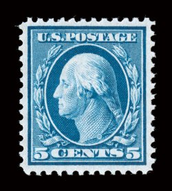 361, 5c Blue on bluish paper, spectacularly bright and fresh, with prooflike color and impression on absolutely immaculate paper, extraordinarily well centered within
exceedingly large margins, pristine o.g., never hinged, an extremely fine