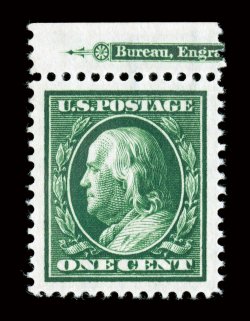 374, 1c Green, a stunning top sheet-margin partial imprint single, possessing the largest margins imaginable and being perfectly centered within them, truly prooflike color and
impression, o.g., n.h., superb a spectacular jumbo 1999 PF certifi