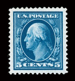 378, 5c Blue, absolutely flawless centering amid huge jumbo margins, intensely rich color and a well incised impression, o.g., lightly hinged, superb.This gem stamp is the
epitome of perfect centering, with all four gigantic margins being prec