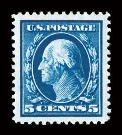 378, 5c Blue, fabulously well centered amid immense jumbo margins, eye-arresting color and impression that would rival any proof, o.g., n.h., superb.A phenomenal mint example
that is sheer perfection, being the beneficiary of the largest margi