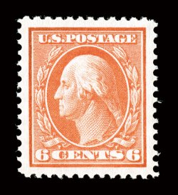 379, 6c Red orange, perfectly centered within amazing jumbo margins, even its color is out of the ordinary being absolutely radiant, unblemished o.g., n.h., superb.This is
truly a fabulous mint never hinged example of the 1911 Six Cent Orange
