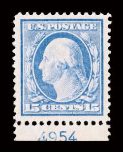 382, 15c Pale ultramarine, gem bottom sheet-margin plate no. 4954 single, incredibly well centered within uncharacteristically large margins, much stronger color and impression
than usually encountered, pristine o.g, n.h., extremely fine.The F