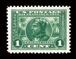 397, 1c Panama-Pacific, an eye-arresting jumbo-margined mint example, boasting the most enormous margins imaginable and being incredibly well centered within this vast expanse,
intense prooflike color and impression on bright paper, pristine o.g