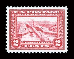398, 2c Panama-Pacific, flawlessly centered within extraordinarily large margins, wonderfully bright and fresh color, crisp detailed impression, pristine o.g., n.h., superb an
immaculate gem for the perfectionist accompanied by a 2008 PSE cert