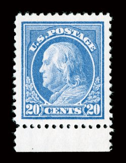 419, 20c Ultramarine, a fantastic bottom sheet-margin mint single, boasting flawless centering amid enormous jumbo margins, especially intense color and a razor-sharp
impression on brilliantly white paper, pristine o.g., n.h., superb.The botto