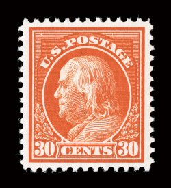 420, 30c Orange red, mathematically precise centering, unusually large margins, intense vibrant color and a deeply etched impression on pristine paper, immaculate o.g., n.h.,
extremely fine gem.A superb never hinged example that would please e