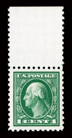 424, 1c Green, top sheet-margin mint single, featuring huge jumbo margins and being extraordinarily well centered within them, deep prooflike color and impression on
brilliantly fresh paper, o.g., n.h., extremely fine gem actually a very diffic