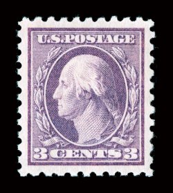 426, 3c Deep violet, mathematically precise centering amid huge perfectly balanced margins all around, strong distinctive Reddish violet color and a crisp detailed impression,
unusually even and intact perforations which is a difficult attribute