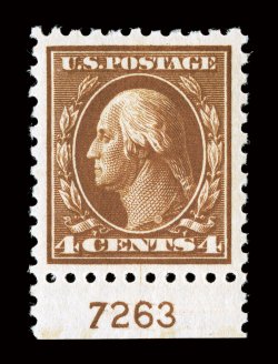427, 4c Brown, highly select bottom sheet-margin plate no. 7263 single, magnificently centered within lavishly large and uniformly balanced margins, gorgeous rich color and a
sharp detailed impression, unblemished o.g., n.h., superb.A matchles