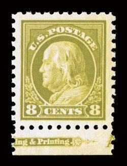 431, 8c Pale olive green, bottom sheet-margin partial imprint single, flawlessly centered within huge jumbo margins, strikingly intense color and impression, immaculate o.g.,
n.h., extremely fine gem.A superb example of this value. Rarely seen
