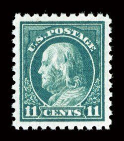 434, 11c Dark green, a phenomenal mint example, possessing lavishly large margins and being absolutely perfectly centered within them, rich luxuriant color and a deeply etched
impression on pristine paper, even its perforations are uniformly int