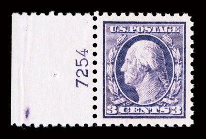 464, 3c Violet, a spectacular jumbo-margined mint left sheet-margin plate no. 7254 single of this difficult and often faked stamp, possessing outstanding centering within four
enormously large and wonderfully balanced margins, strong rich color