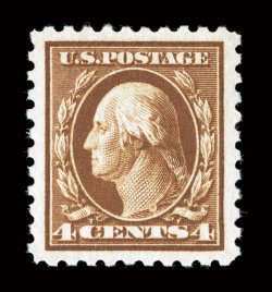 465, 4c Orange brown, an incredible quality mint single, featuring four huge margins and being perfectly centered within them, luxuriously rich color and a crisp detailed
impression, pristine o.g., n.h., superb.An exciting stamp in this incred