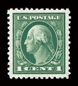 498, 1c Green, most impressive mint single, incredibly well centered within enormously large margins, especially deep color and impression on immaculate paper, pristine o.g.,
n.h., extremely fine a striking and choice jumbo 1990 PF certificate