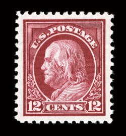 512a, 12c Brown carmine, a matchless quality mint single, boasting several extraordinary physical attributes, including being absolutely perfectly centered within impressive
jumbo margins, its color is especially brilliant and in the distinctive