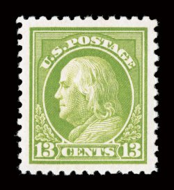 513, 13c Apple green, a striking gem example, perfectly centered within huge margins which are most uncharacteristic, eye-arresting bright color and a crisp detailed impression
on immaculate paper, o.g., n.h., superb a stamp for the perfectioni