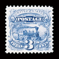 114, 3c Ultramarine, a magnificent mint example in the finest attainable quality, boasting mathematically precise centering amid extravagantly large margins, brilliantly fresh
and bright overall, with strong color and a crisp detailed impression