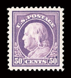 517, 50c Red violet, extravagantly large and perfectly symmetrical margins all around, gorgeous sumptuously rich color and a razor-sharp impression on bright fresh paper,
uniformly long and intact perforations surround the whole, immaculate o.g.