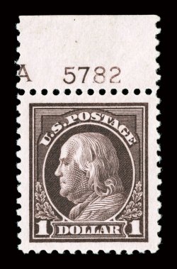 518, $1.00 Violet brown, a magnificent top sheet-margin plate no. A 5782 single, boasting absolutely perfect centering amid margins of immense size unlike any other we have
seen, prooflike color and impression on bright fresh paper, pristine o.g