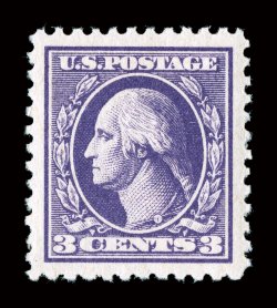 530, 3c Purple offset, Ty. IV, a superlative mint example, featuring impeccable centering within exceedingly large and wonderfully well balanced margins, beautiful rich color
and a sharp impression on pristine white paper, unblemished o.g., n.h.