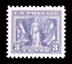 537, 3c Victory, a fabulous quality mint single, possessing not only margins of enormous size, but being flawlessly centered within these eye-arresting borders, gloriously rich
color and impression on brilliantly fresh paper, unblemished o.g., n