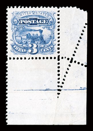 114, 3c Ultramarine, a showpiece bottom right corner sheet-margin example that is not only in gem quality, but it also displays two very interesting and eye-appealing varieties,
including a striking row of extra perforations in the right sheet s