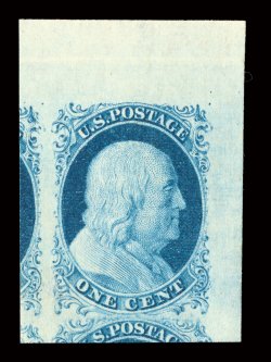 7, 1c Blue, Ty. II, position 10L2, a breathtakingly beautiful right corner sheet-margin mint example, possessing margins of enormous size all around, including showing portions
of all three adjoining stamps, just as impressive is this stamps ex