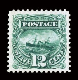 128, 12c Green re-issue, a matchless quality mint example, being flawlessly centered amid immensely large margins unlike any other example of this value we have seen, incredibly
intense color and a deeply etched impression on bright crisp paper,