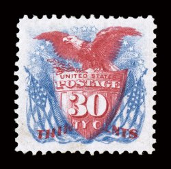 131, 30c Blue and carmine re-issue, a stunning mint example, possessing outstanding physical attributes, including absolutely flawless centering amid huge margins, plus its
colors and impressions are truly prooflike on brilliantly fresh paper, f