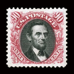 132, 90c Carmine and black re-issue, a phenomenal mint example of this re-issue rarity, possessing margins of truly immense proportions and being absolutely perfectly centered
within them, magnificently rich colors and razor-sharp impressions on