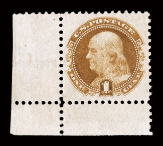 133, 1c Buff re-issue, an incredibly handsome and choice bottom left corner sheet-margin mint example, incredibly well centered within unusually large margins, deep luxuriant
color and impression on fresh paper, full clean o.g. that has been onl