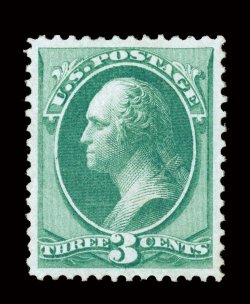 136, 3c Green with grill, flawlessly centered within uncharacteristically large margins, deep rich color, full o.g. which shows clear grill points, relatively lightly hinged,
extremely fine actually a very rare stamp in this gem quality easi