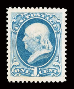 182, 1c Dark ultramarine, marvelously well centered within incredibly wide margins which are most uncharacteristic of this value, beautifully rich color and a crisp impression
on brilliantly fresh paper, immaculate o.g., with just the barest tra
