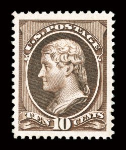 209b, 10c Black brown, an extraordinary mint example of this very rare and distinctive Scott listed shade variety, possessing margins of incredible size and being marvelously
well centered within them, gorgeous intense and unmistakable black bro