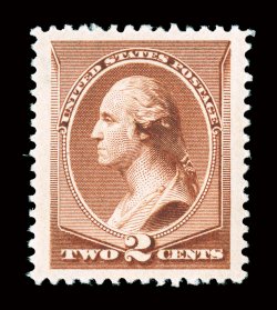 210, 2c Red brown, a matchless mint example, being in a quality unlike any other we have seen, as this remarkable stamp is perfectly centered within enormous margins, plus its
color is strikingly rich and intense, while its impression is deeply