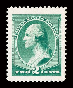 213, 2c Green, absolutely perfectly centered amid the most massive margins imaginable, deep luxuriant color and a detailed impression on bright paper, pristine o.g. with just
the barest trace of hinging, simply superb a truly amazing stamp whos