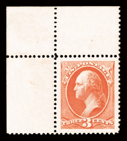 214, 3c Vermilion, top left corner sheet-margin single, flawlessly centered, with absolutely enormous and perfectly balanced margins all around, lovely bright color and
impression on immaculate paper, pristine o.g., never hinged, superb.This i