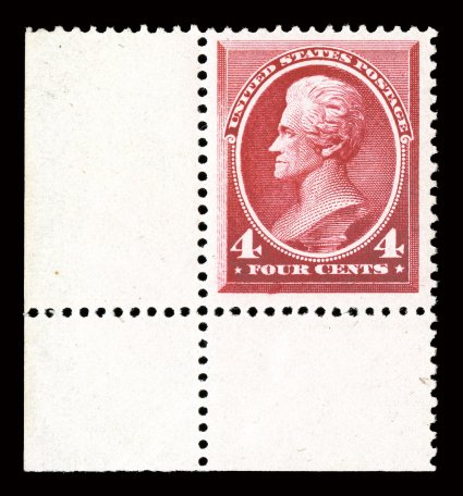 215, 4c Carmine, an extraordinarily handsome and choice bottom left corner sheet-margin example, possessing margins of impressive size and being marvelously well centered within
them, strikingly intense color and impression on bright paper, unbl