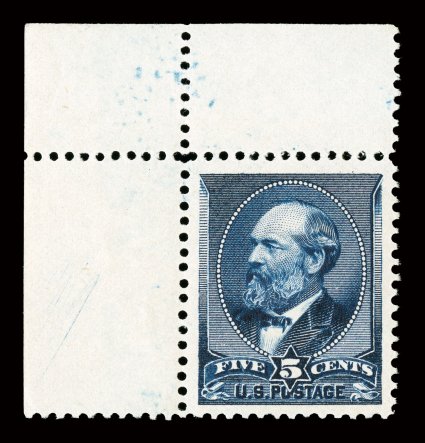 216, 5c Indigo, a most amazing top left corner sheet-margin single whose overall physical attributes are simply stunning, including being incredibly well centered amid
extravagantly large margins, equally impressive is this stamps intensely ric