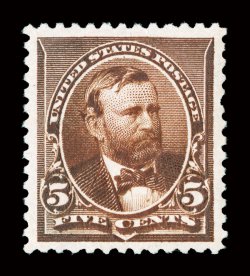 223, 5c Chocolate, an extraordinary quality mint example, perfectly centered within uncharacteristically wide margins, sumptuously rich color and a deeply etched impression on
brilliantly fresh paper, pristine o.g., n.h., an extremely fine gem f