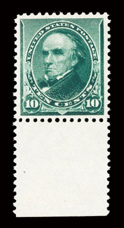 226, 10c Green, a fabulously bright and fresh bottom sheet-margin single, featuring intense color and impression that would rival any proof, near perfect centering within
uncharacteristically large margins, immaculate o.g., n.h., an extremely fi