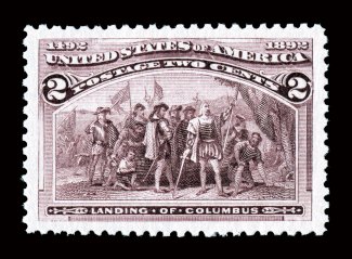 231, 2c Columbian, an true gem mint single, boasting four gigantic margins and being perfectly centered within these huge borders, plus its color is strikingly rich and fresh,
while its impression is razor sharp on bright white paper, unblemishe