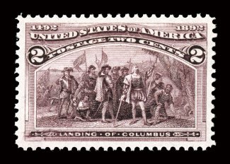 231 var., 2c Columbian, broken hat variety, a spectacular mint example of this popular variety, easily being the finest we have ever offered, boasting outstanding centering amid
huge jumbo margins, even its color is far more intense and rich t