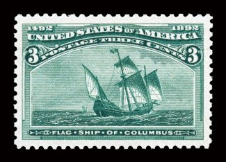 232, 3c Columbian, a striking jumbo-margined mint example, featuring margins of extraordinary size and being incredibly well centered within them, gloriously rich color and a
highly detailed impression on bright white paper, pristine o.g., n.h.,