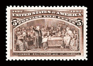 234, 5c Columbian, perfectly centered within absolutely enormous margins whose size are unlike any other we have seen on this value, deep luxuriant color and a razor-sharp
impression on brilliantly fresh paper, even its perforations are uniforml